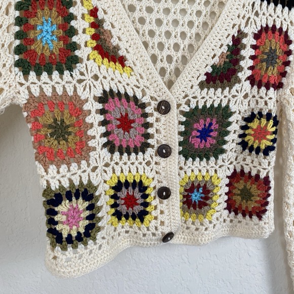 Debut XS Granny Square Cardigan Cropped Cottagecore Boho Crochet Y2k Festival - Picture 2 of 4